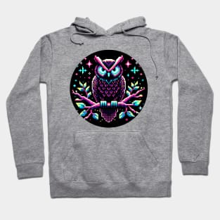 Neon Owl in Forest - Pixel Art Night Owl Hoodie